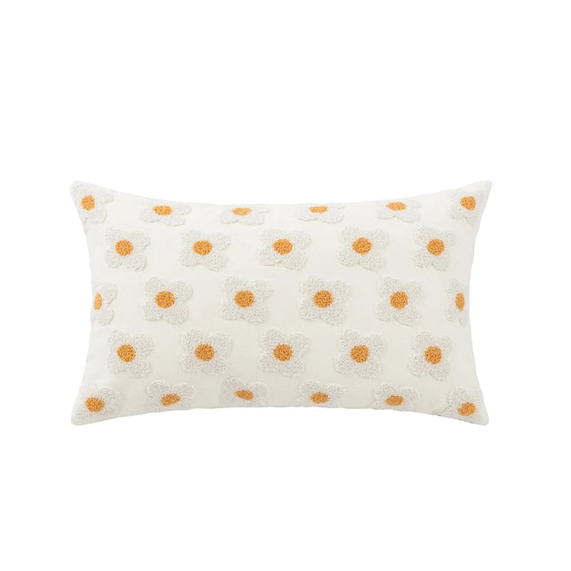 Pillow Cover Hand-Embroidered Daisy 100% Cotton Invisible Zipper