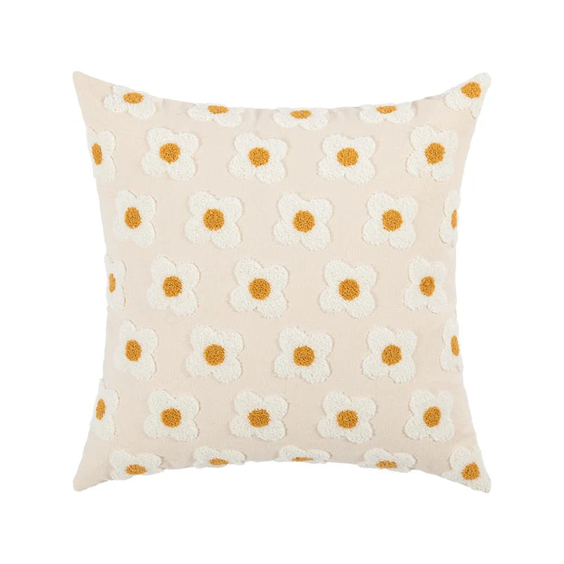 Pillow Cover Hand-Embroidered Daisy 100% Cotton Invisible Zipper