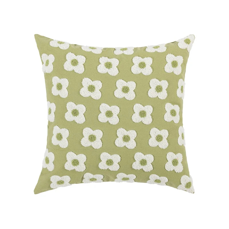 Pillow Cover Hand-Embroidered Daisy 100% Cotton Invisible Zipper
