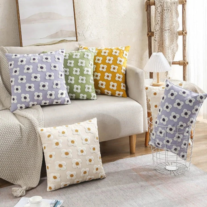 Pillow Cover Hand-Embroidered Daisy 100% Cotton Invisible Zipper