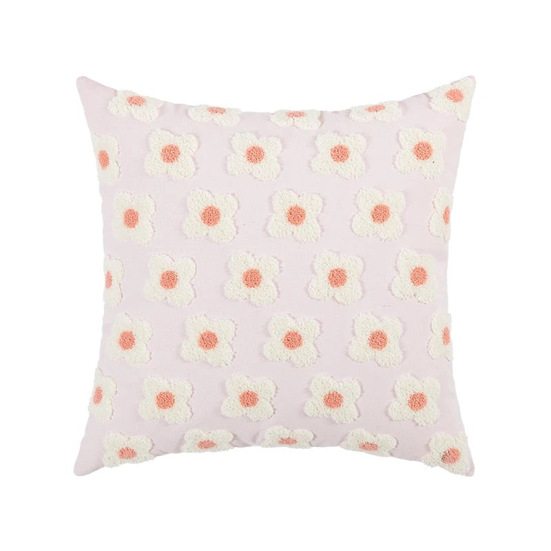 Pillow Cover Hand-Embroidered Daisy 100% Cotton Invisible Zipper