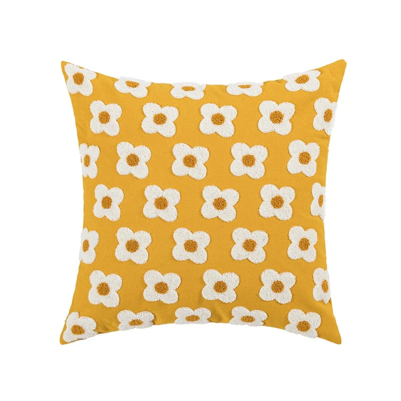 Pillow Cover Hand-Embroidered Daisy 100% Cotton Invisible Zipper