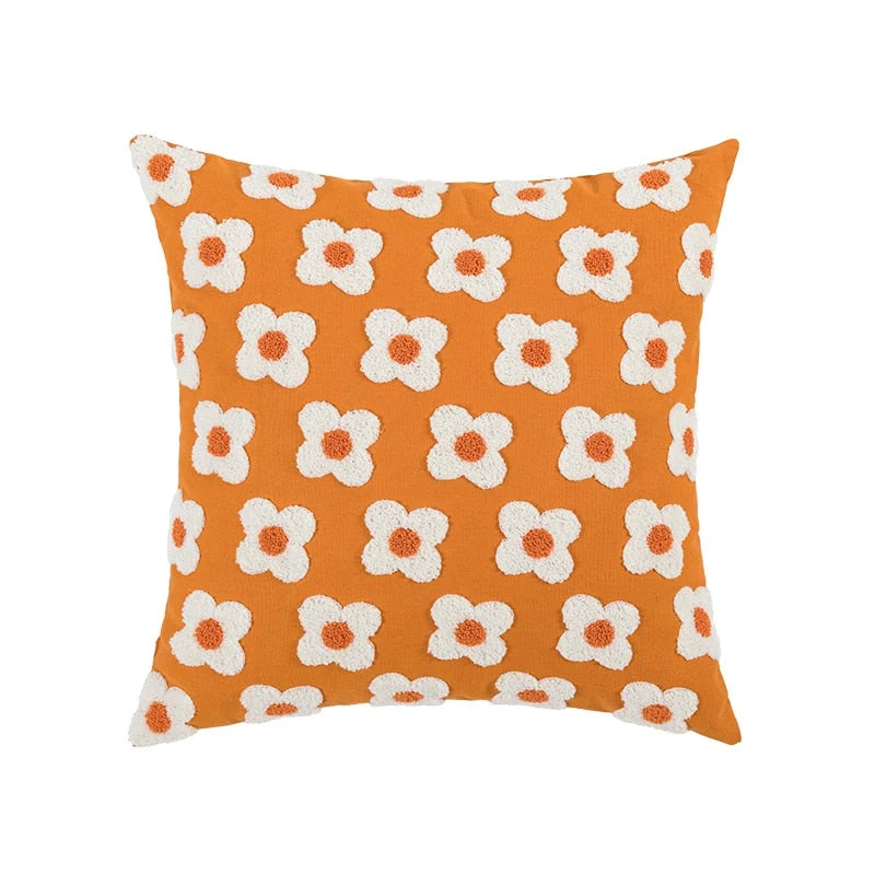 Pillow Cover Hand-Embroidered Daisy 100% Cotton Invisible Zipper