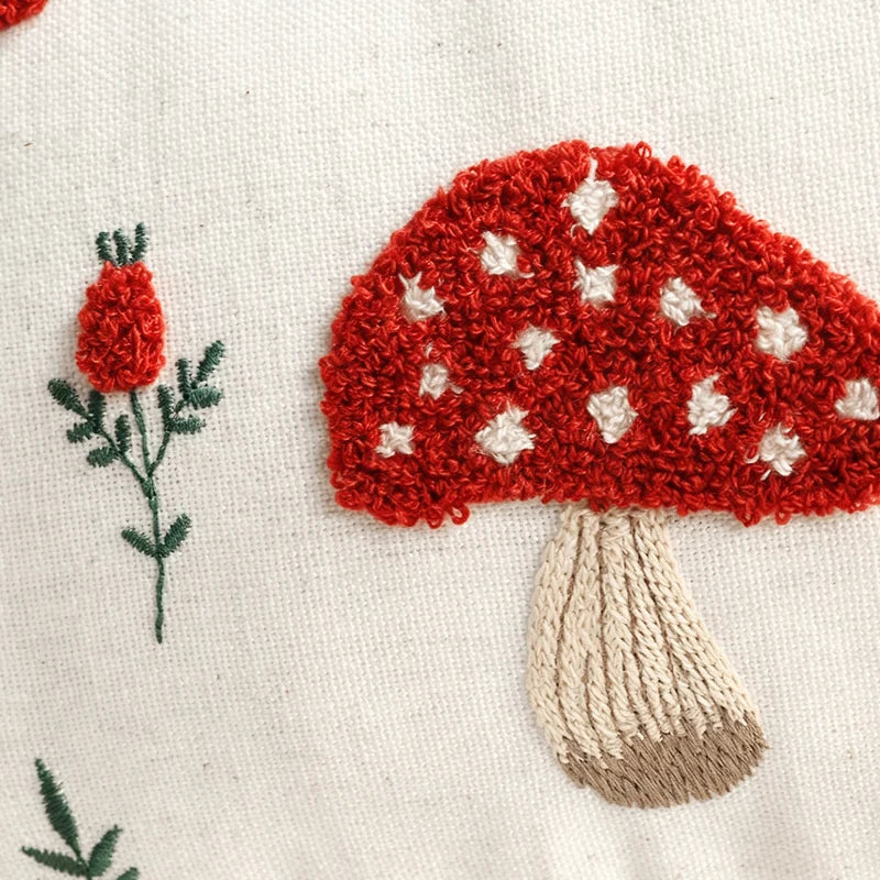 Pillow Cover Hand-Embroidered Mushroom & Oak Leaf Cotton-Linen Hidden Zipper