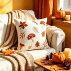 Pillow Cover Hand-Embroidered Mushroom & Oak Leaf Cotton-Linen Hidden Zipper