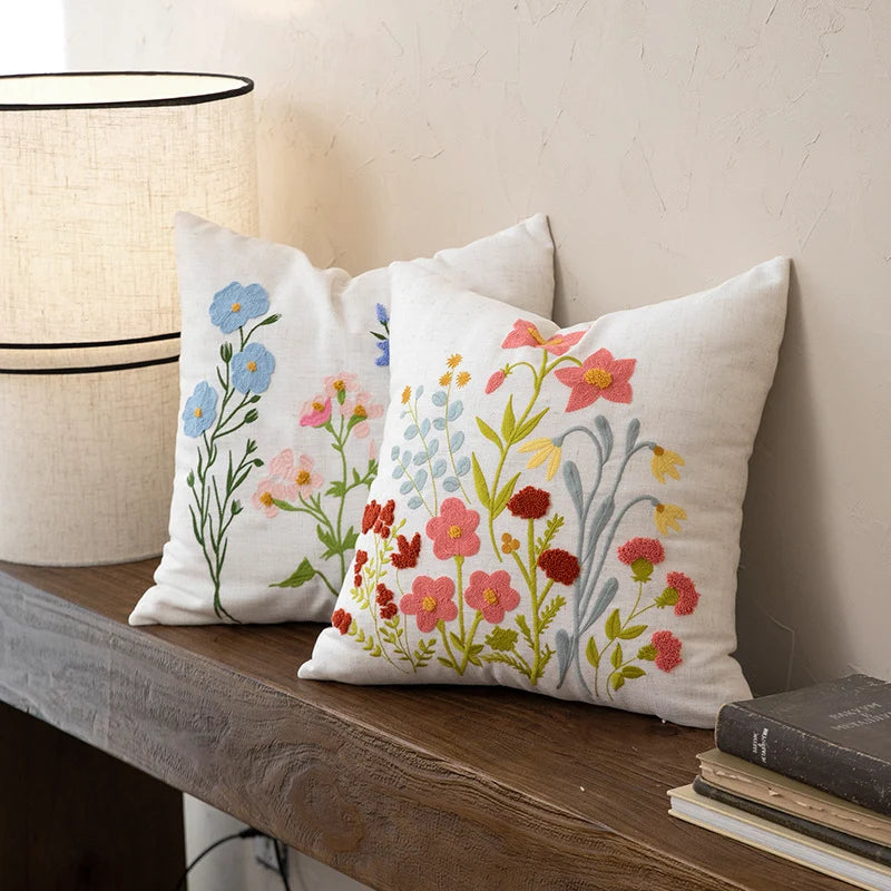 Pillow Cover Hand-Embroidered Wildflower Linen-Look Concealed Zipper