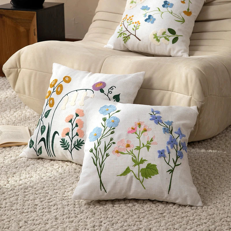 Pillow Cover Hand-Embroidered Wildflower Linen-Look Concealed Zipper