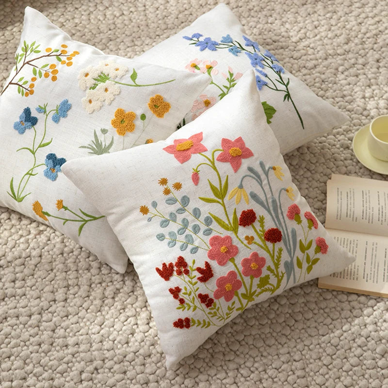 Pillow Cover Hand-Embroidered Wildflower Linen-Look Concealed Zipper