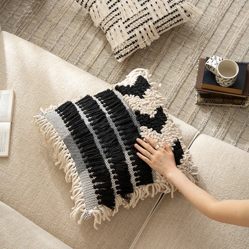 Pillow Cover Handcrafted Cotton Blend Tufted & Tassel Fringe