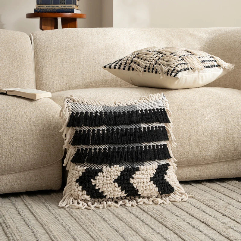Pillow Cover Handcrafted Cotton Blend Tufted & Tassel Fringe