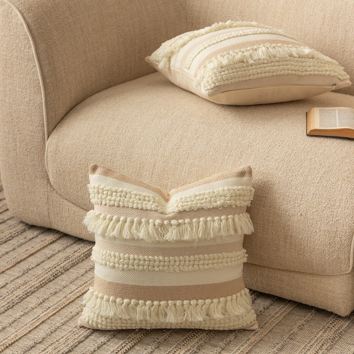 Pillow Cover Handwoven Boucle & Fringe Cotton-Linen Concealed Zipper