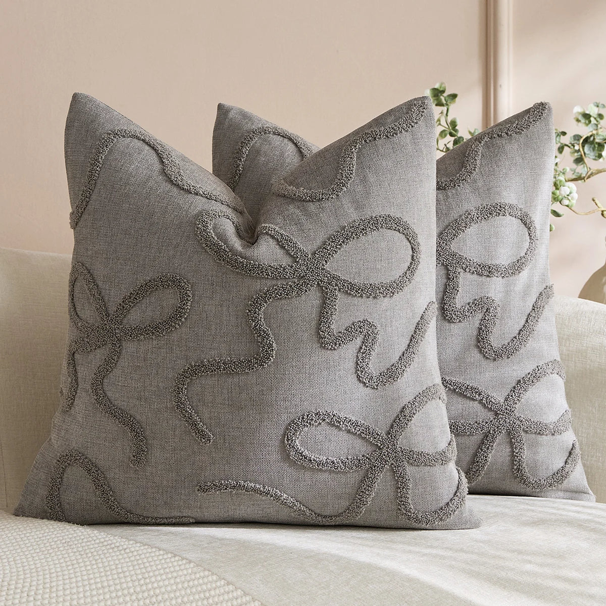 Pillow Cover Linen-Blend Raised Chenille Applique Hidden Zipper