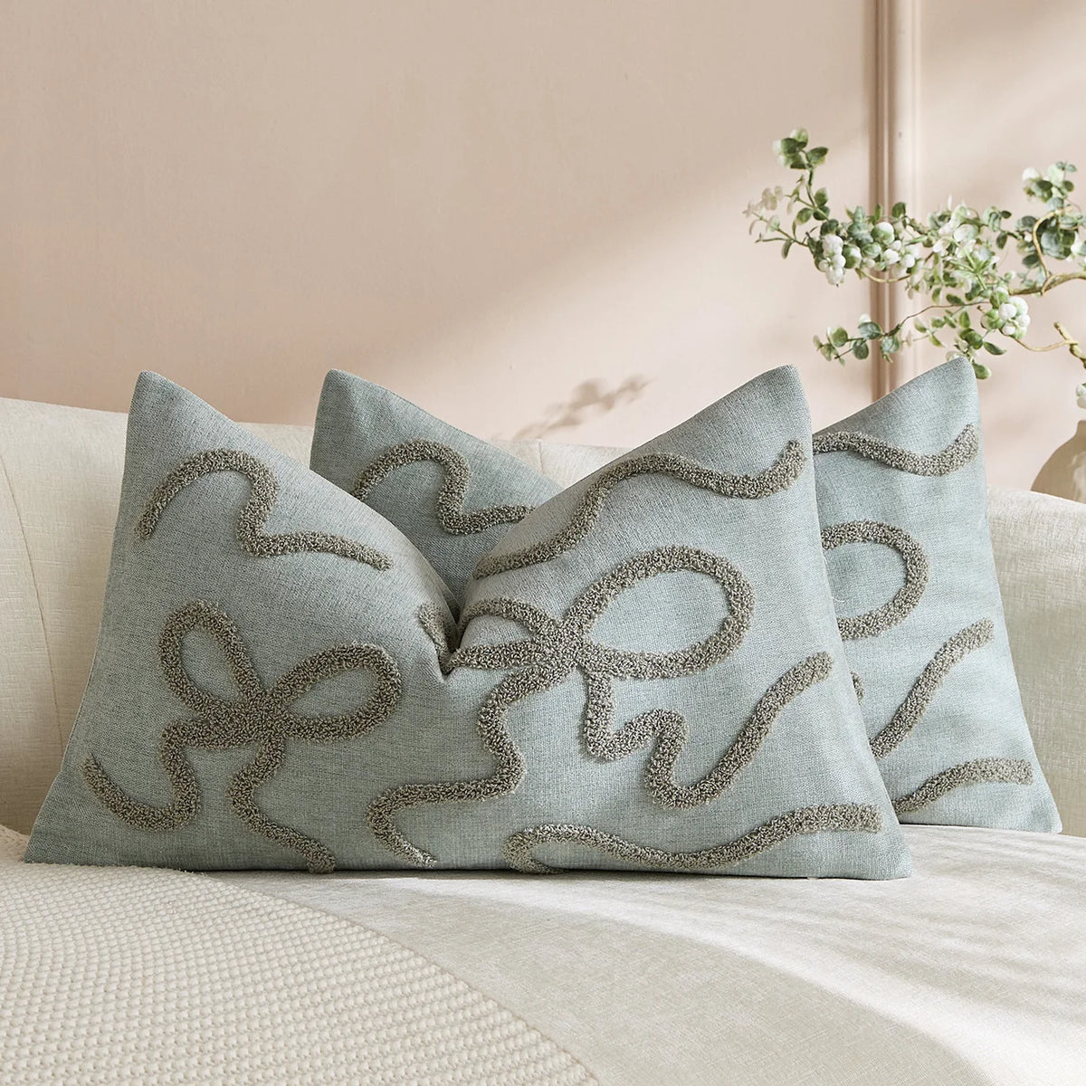 Pillow Cover Linen-Blend Raised Chenille Applique Hidden Zipper