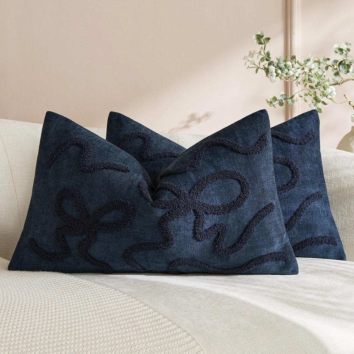 Pillow Cover Linen-Blend Raised Chenille Applique Hidden Zipper