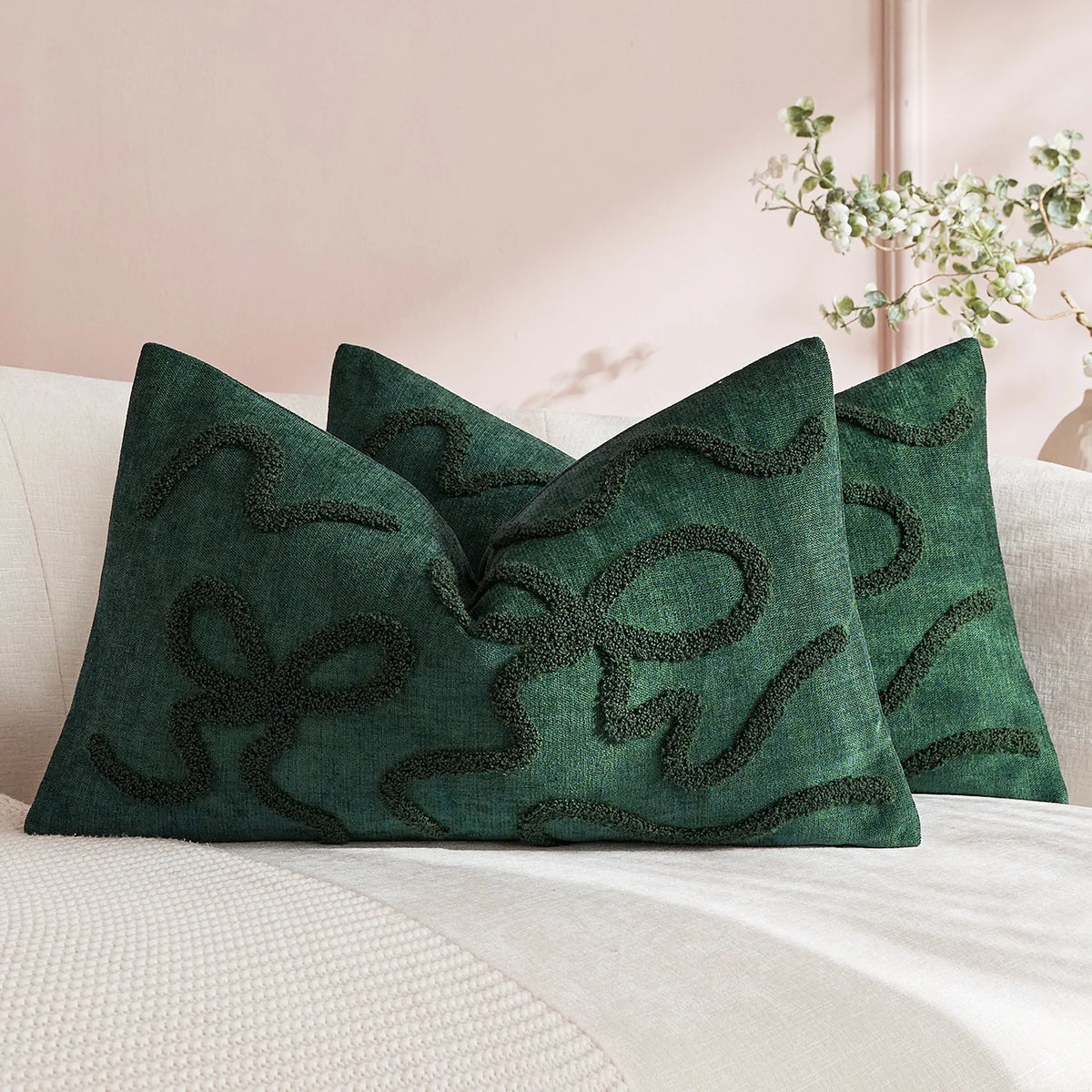 Pillow Cover Linen-Blend Raised Chenille Applique Hidden Zipper