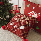 Pillow Cover Plaid Pom-Pom Corners Machine-Washable