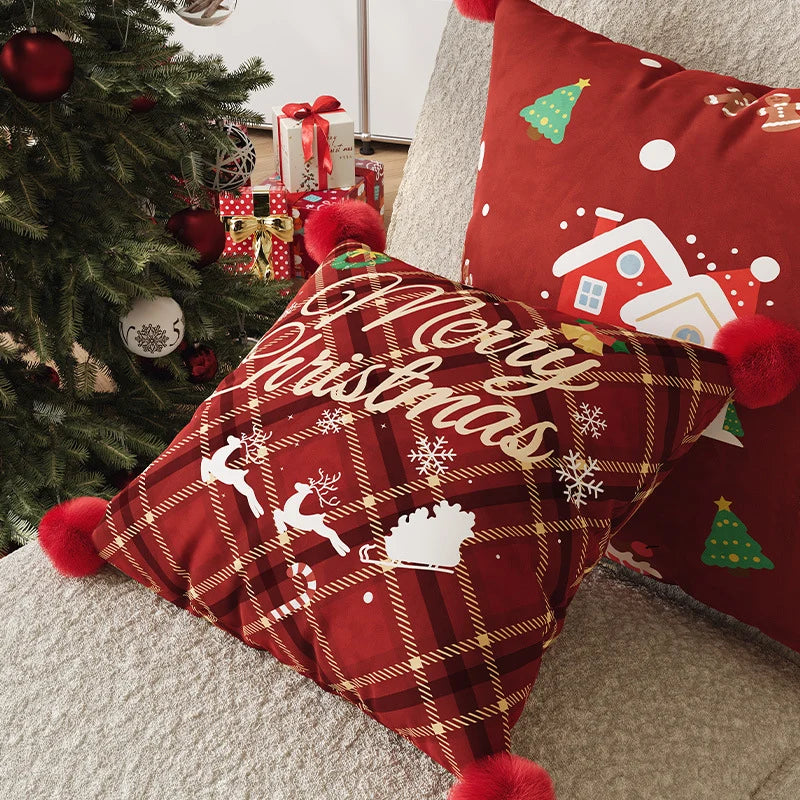 Pillow Cover Plaid Pom-Pom Corners Machine-Washable