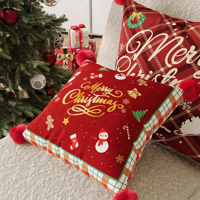 Pillow Cover Plaid Pom-Pom Corners Machine-Washable