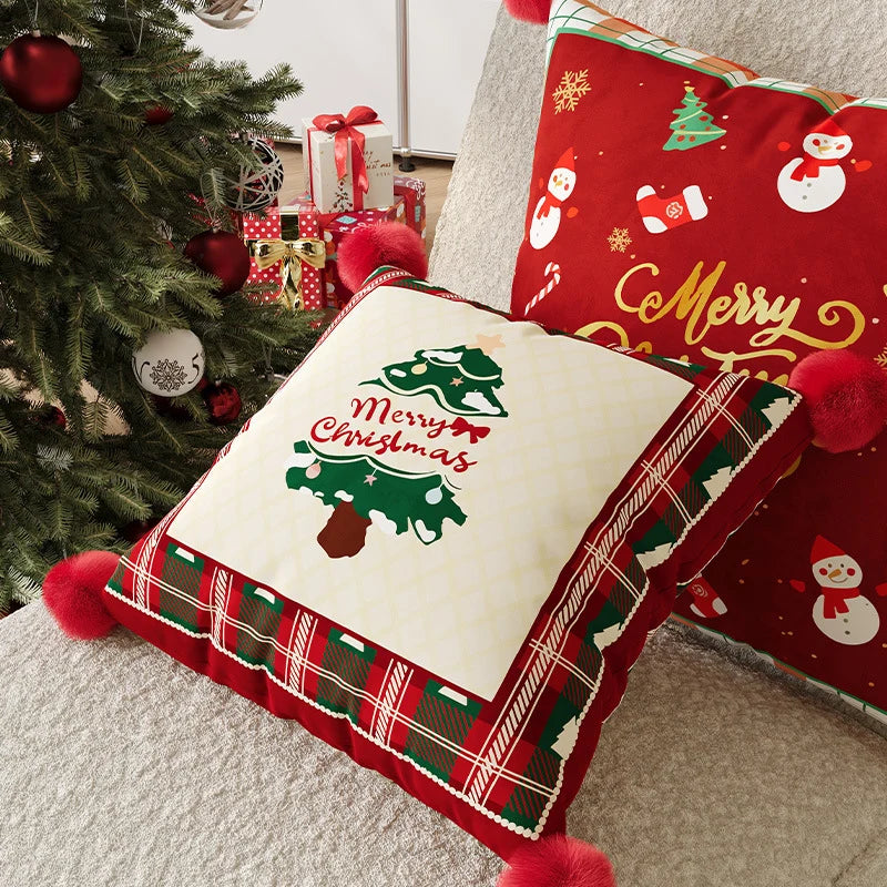 Pillow Cover Plaid Pom-Pom Corners Machine-Washable