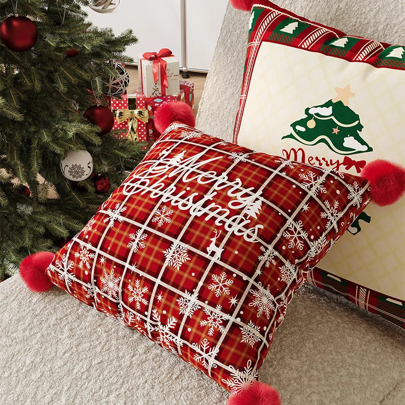 Pillow Cover Plaid Pom-Pom Corners Machine-Washable