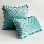 Pillow Cover Plush Velvet Grid Tufting & Pom-Pom Trim
