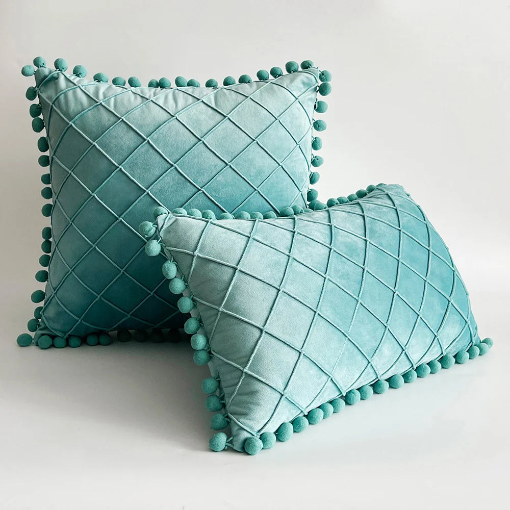 Pillow Cover Plush Velvet Grid Tufting & Pom-Pom Trim