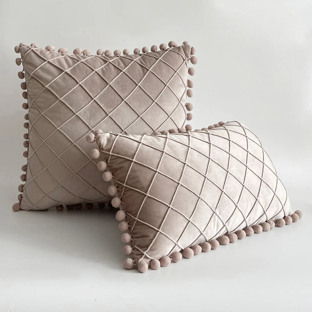 Pillow Cover Plush Velvet Grid Tufting & Pom-Pom Trim