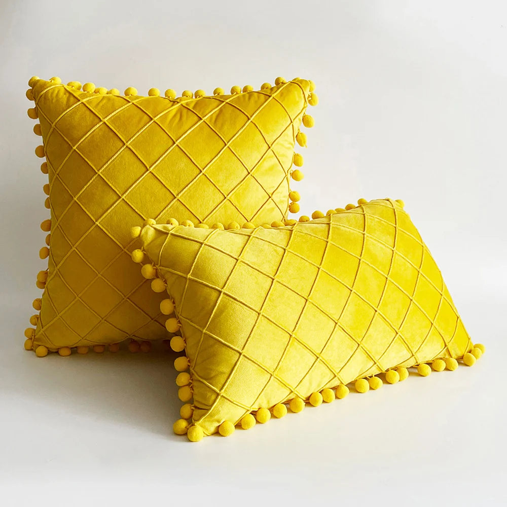 Pillow Cover Plush Velvet Grid Tufting & Pom-Pom Trim