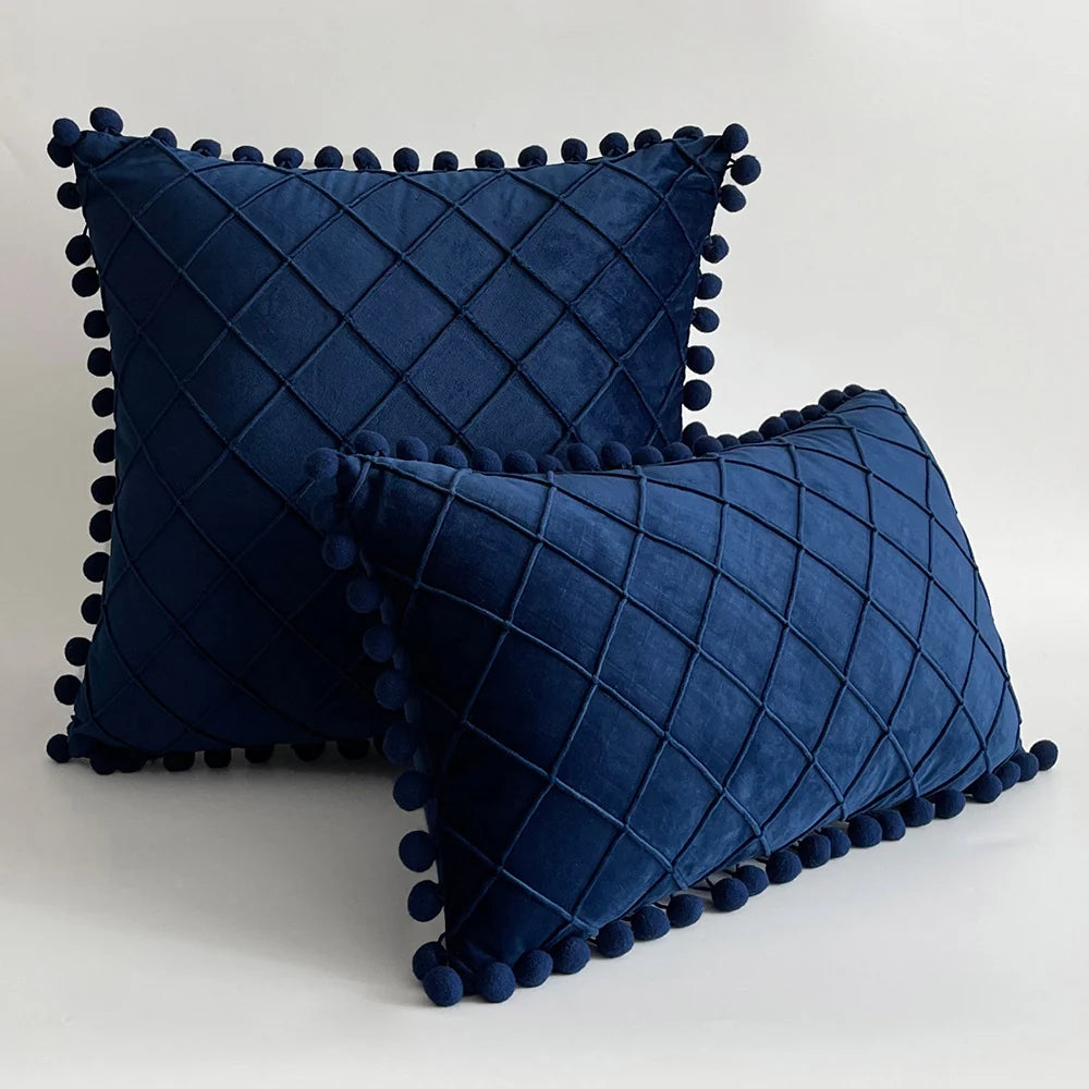 Pillow Cover Plush Velvet Grid Tufting & Pom-Pom Trim