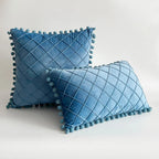 Pillow Cover Plush Velvet Grid Tufting & Pom-Pom Trim