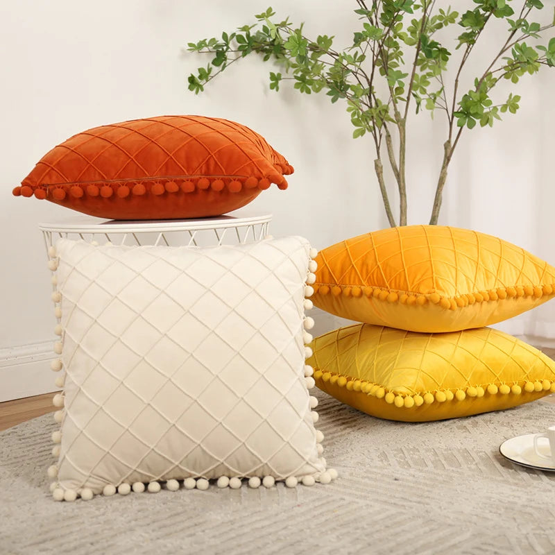 Pillow Cover Plush Velvet Grid Tufting & Pom-Pom Trim