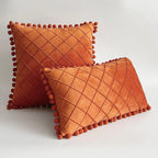 Pillow Cover Plush Velvet Grid Tufting & Pom-Pom Trim