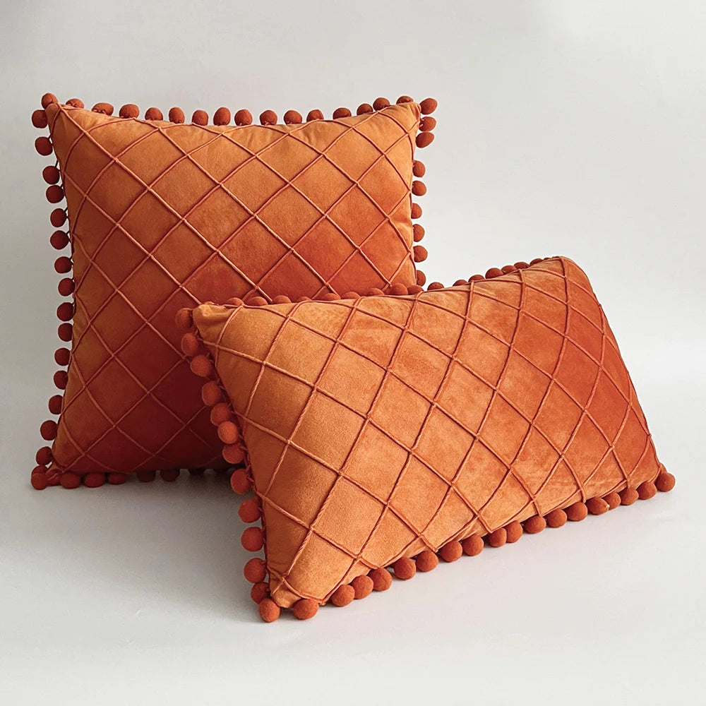 Pillow Cover Plush Velvet Grid Tufting & Pom-Pom Trim