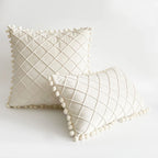 Pillow Cover Plush Velvet Grid Tufting & Pom-Pom Trim