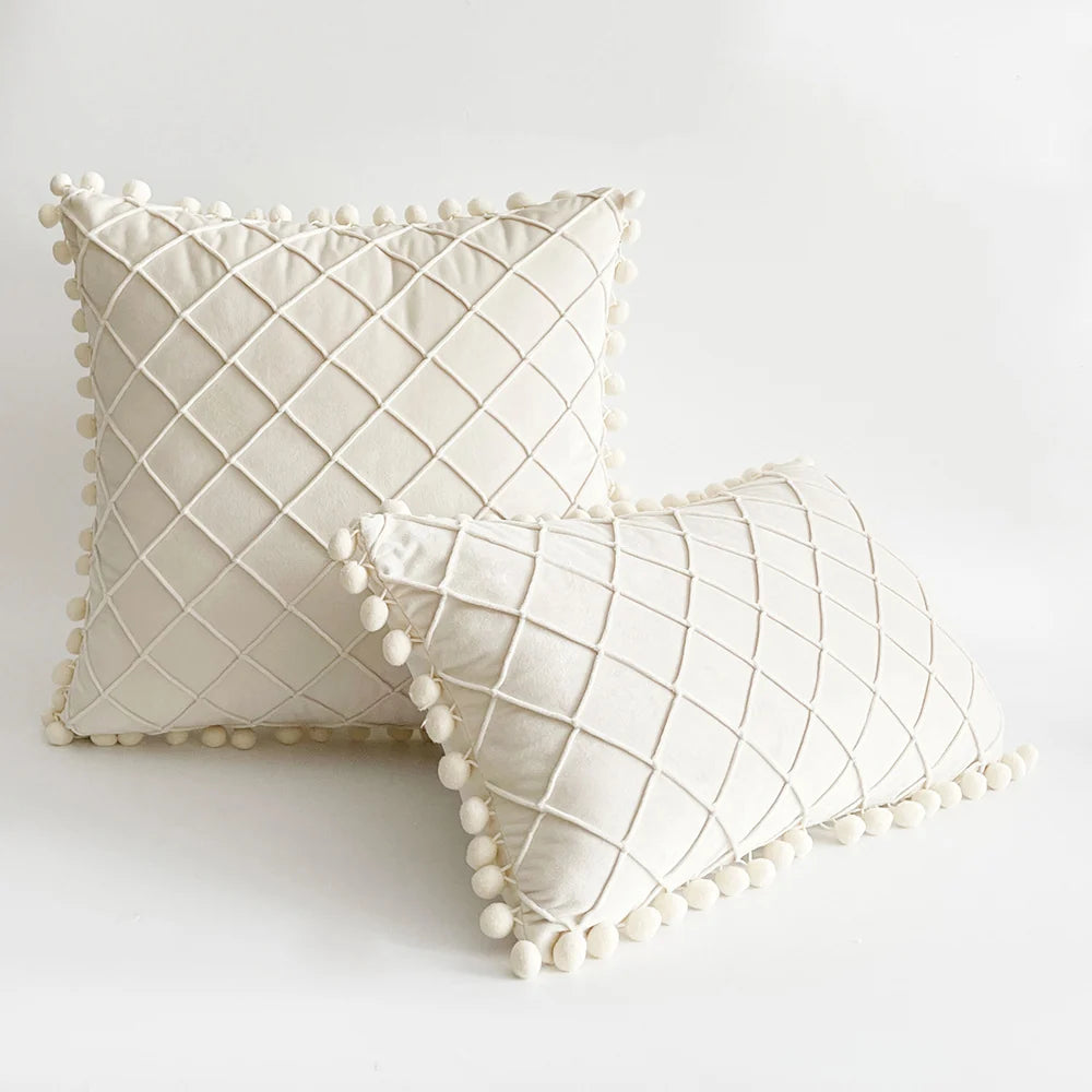 Pillow Cover Plush Velvet Grid Tufting & Pom-Pom Trim