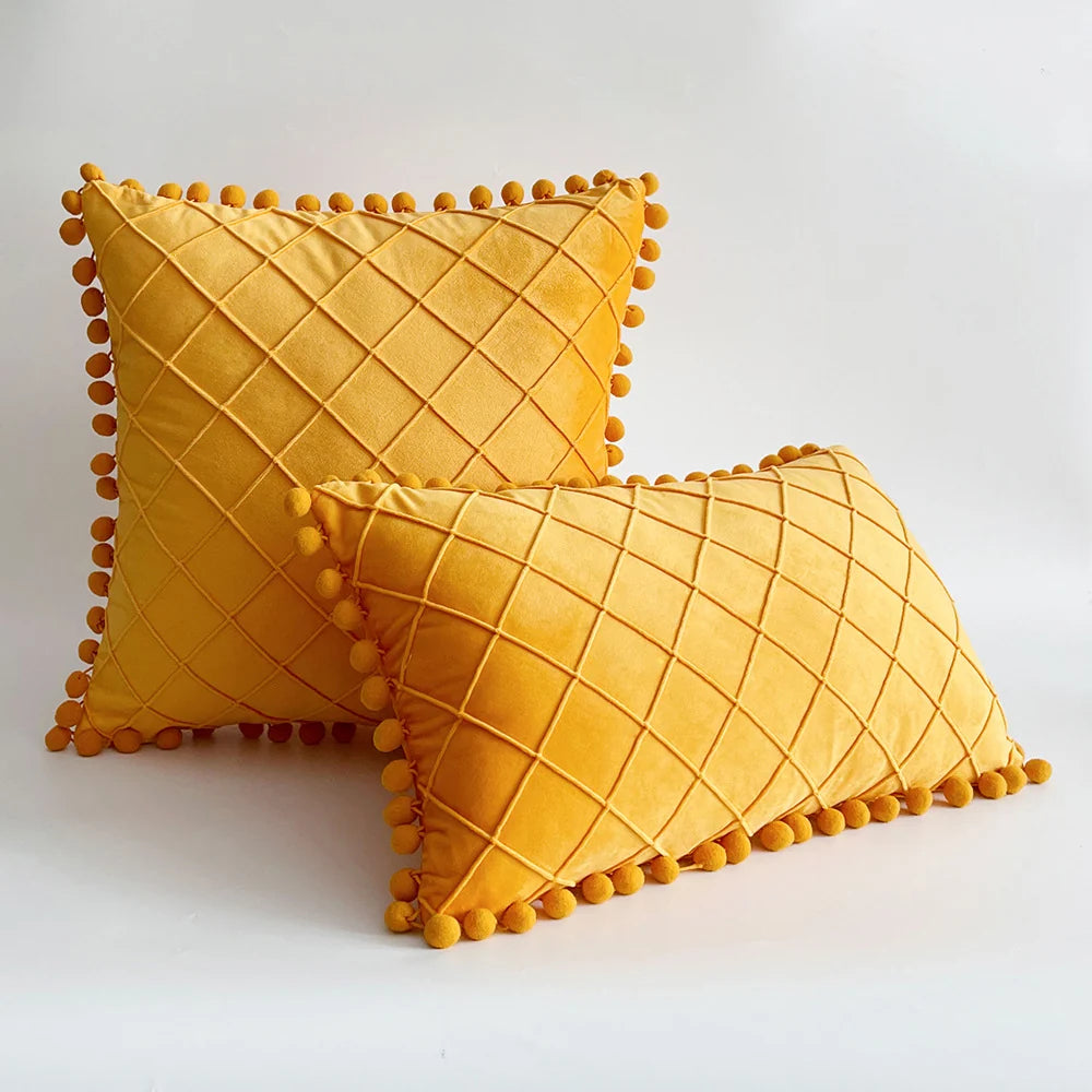Pillow Cover Plush Velvet Grid Tufting & Pom-Pom Trim