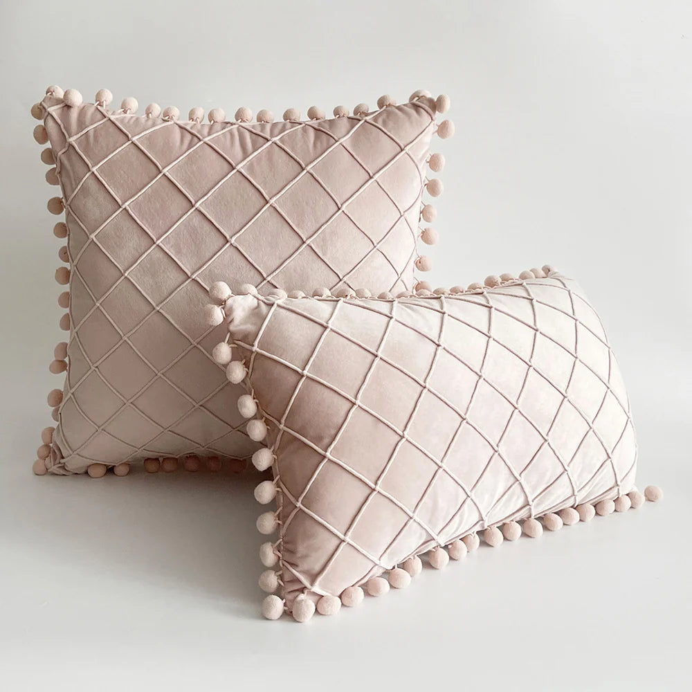 Pillow Cover Plush Velvet Grid Tufting & Pom-Pom Trim