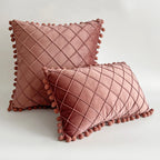 Pillow Cover Plush Velvet Grid Tufting & Pom-Pom Trim