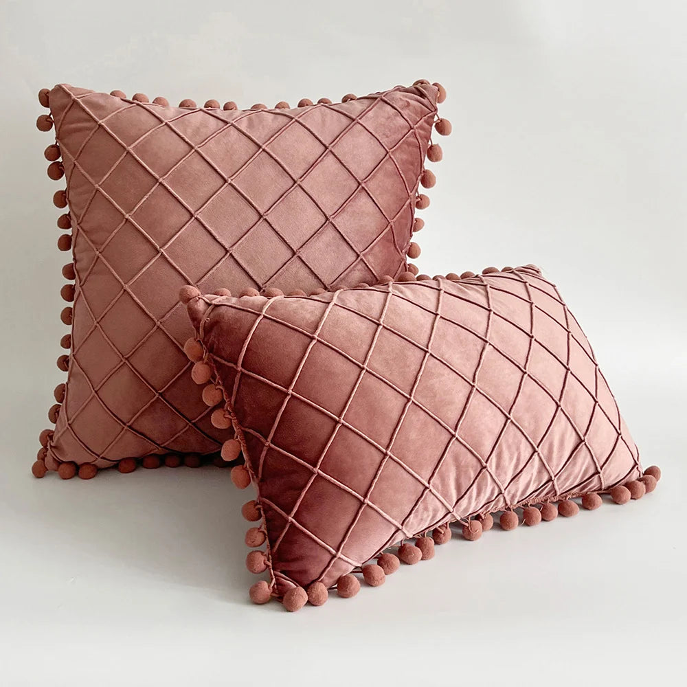 Pillow Cover Plush Velvet Grid Tufting & Pom-Pom Trim
