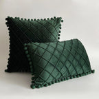 Pillow Cover Plush Velvet Grid Tufting & Pom-Pom Trim