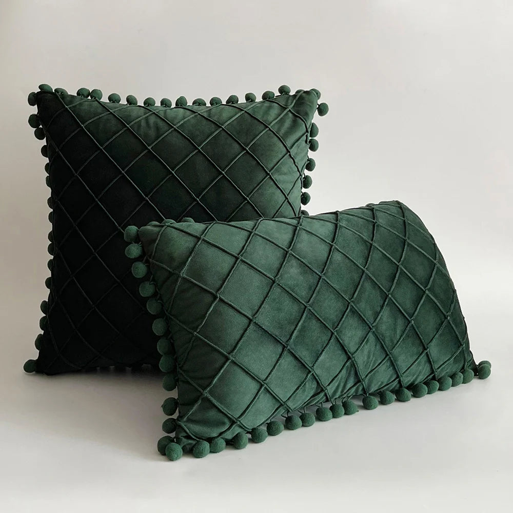 Pillow Cover Plush Velvet Grid Tufting & Pom-Pom Trim