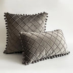 Pillow Cover Plush Velvet Grid Tufting & Pom-Pom Trim