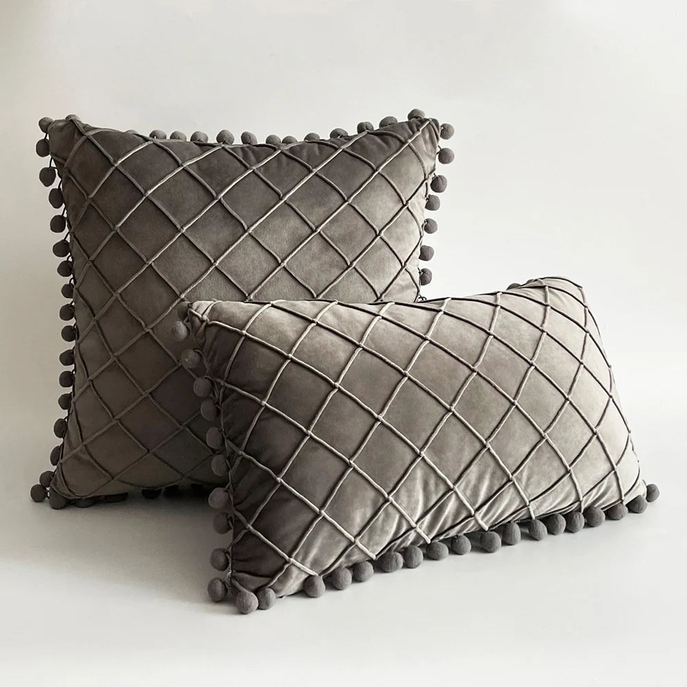 Pillow Cover Plush Velvet Grid Tufting & Pom-Pom Trim