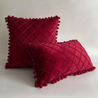Pillow Cover Plush Velvet Grid Tufting & Pom-Pom Trim