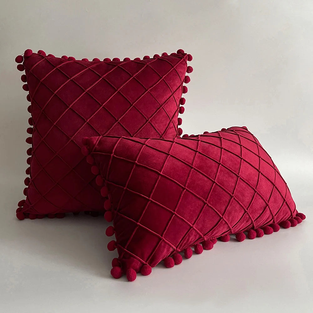 Pillow Cover Plush Velvet Grid Tufting & Pom-Pom Trim
