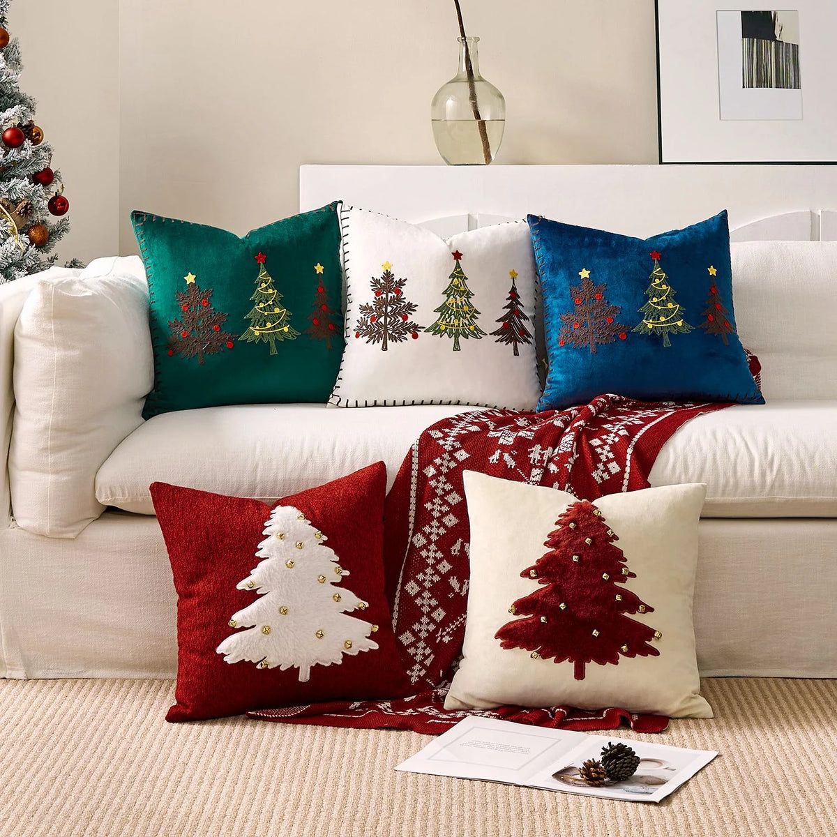 Pillow Cover Plush Velvet Hand-Stitched Christmas Trees Hidden Zipper