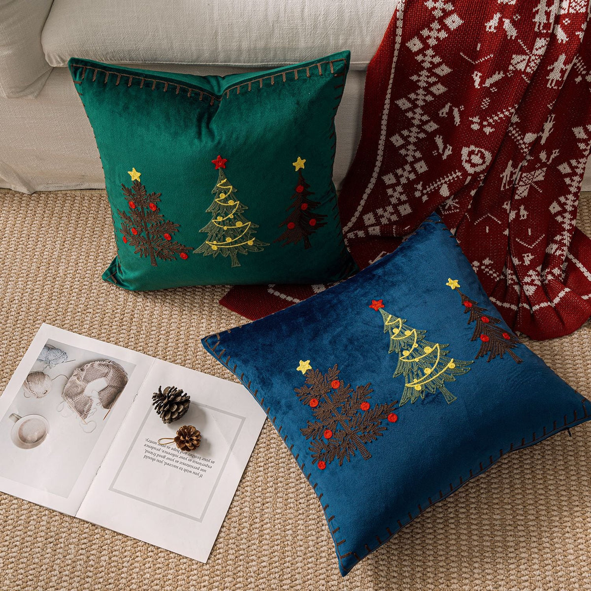 Pillow Cover Plush Velvet Hand-Stitched Christmas Trees Hidden Zipper