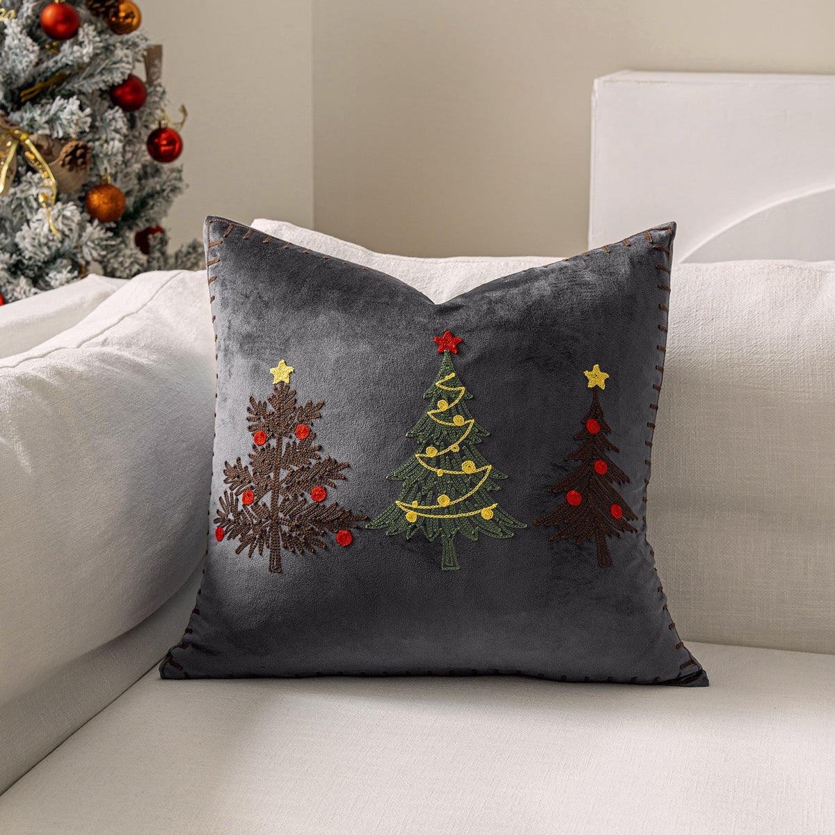 Pillow Cover Plush Velvet Hand-Stitched Christmas Trees Hidden Zipper