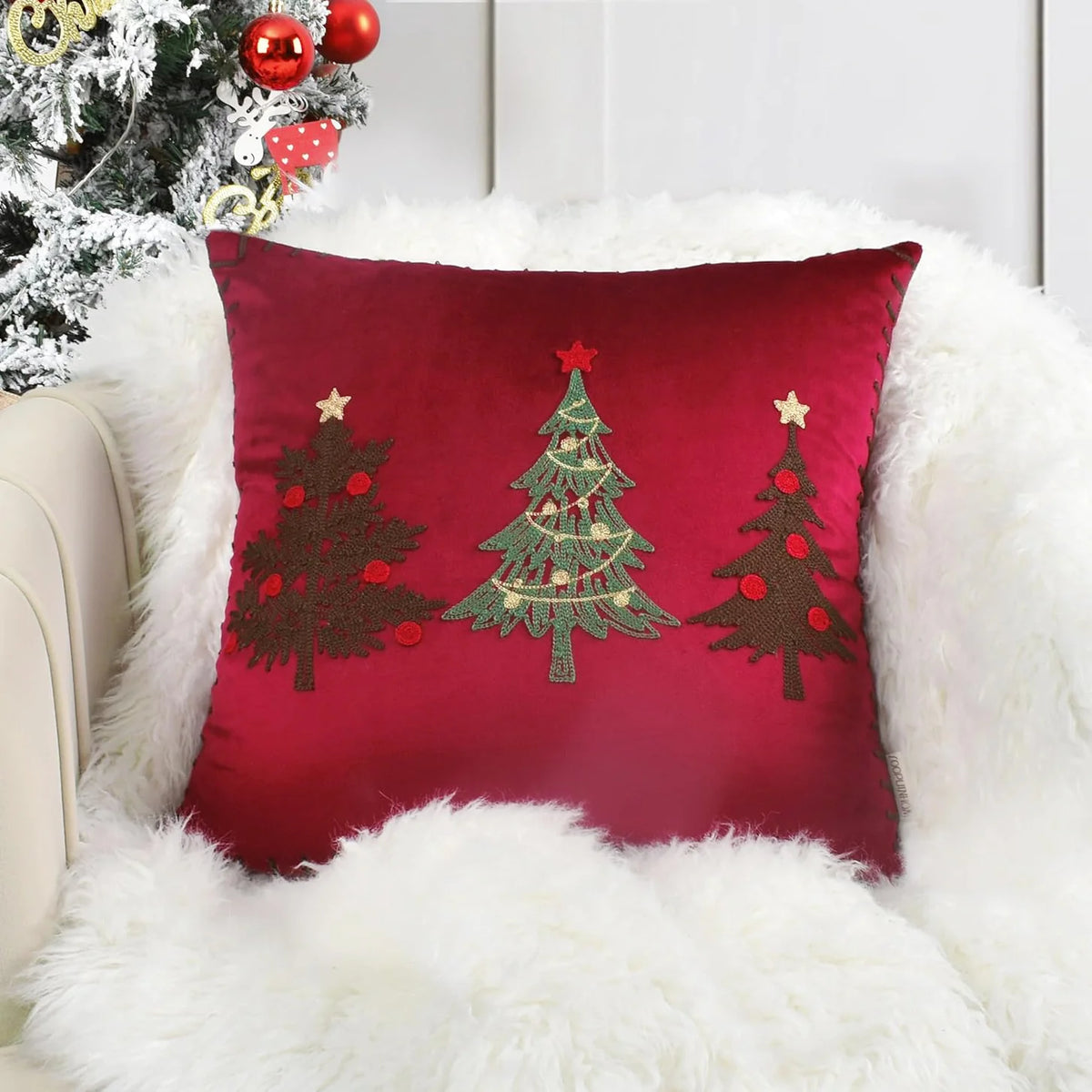 Pillow Cover Plush Velvet Hand-Stitched Christmas Trees Hidden Zipper