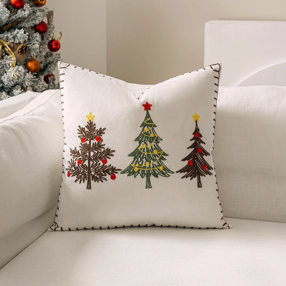 Pillow Cover Plush Velvet Hand-Stitched Christmas Trees Hidden Zipper